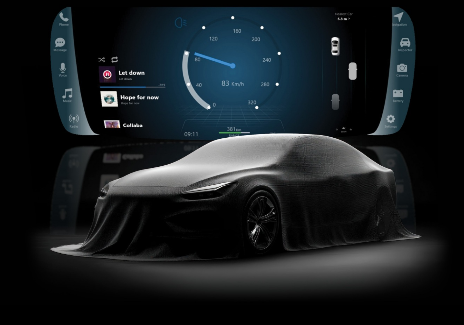Digital cockpit interface with a covered concept vehicle